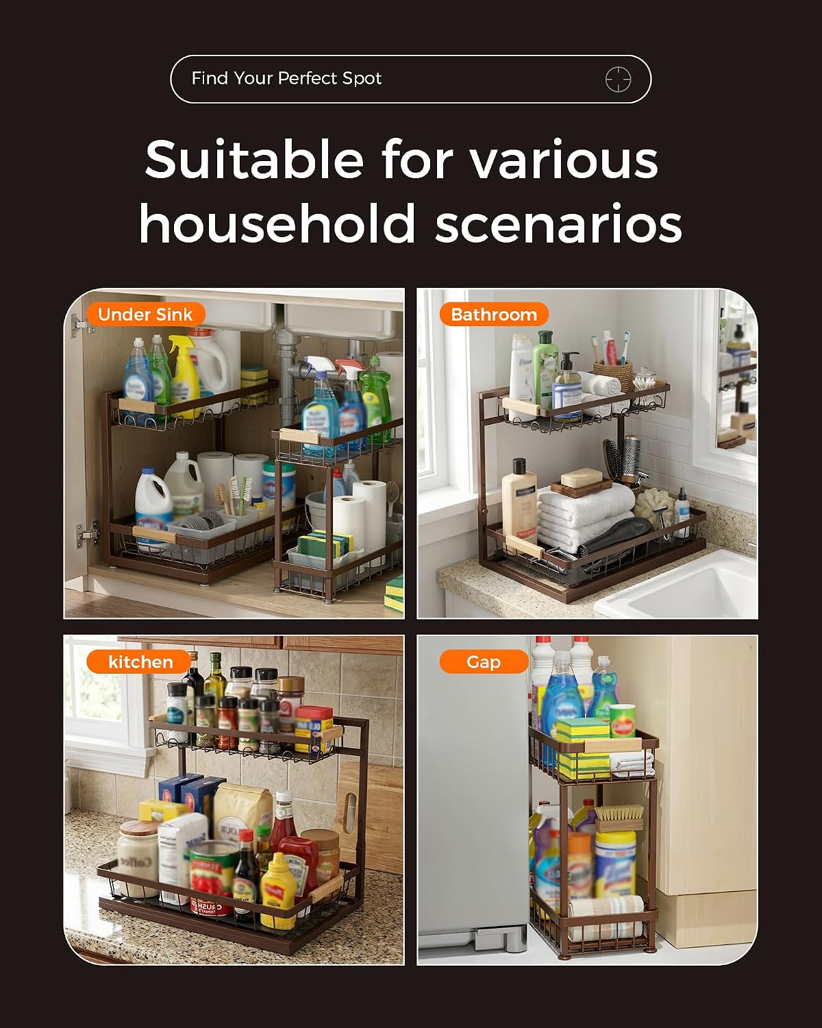 Sevenblue 3 Pack Under Sink Organizer, Height Adjustable 2 Tier Pull-Out Metal Under Kitchen Sink Organizer, Multi-Purpose Storage Shelves for Kitchen Bathroom Cabinet, White