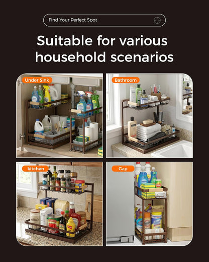 Sevenblue 3 Pack Under Sink Organizer, Height Adjustable 2 Tier Pull-Out Metal Under Kitchen Sink Organizer, Multi-Purpose Storage Shelves for Kitchen Bathroom Cabinet, White