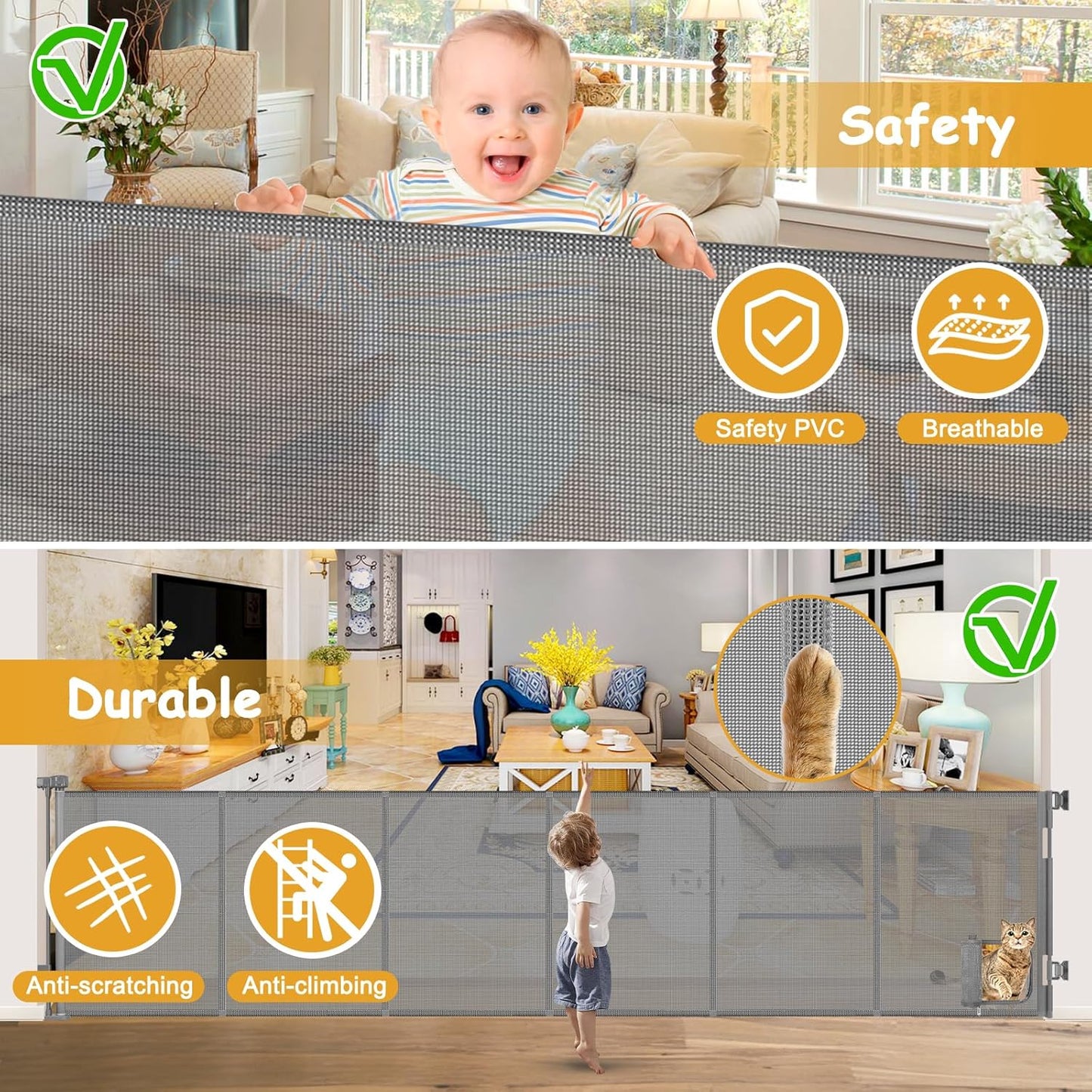 Reinforced 150” Extra Wide Pet Gate with Door 37 Inch Tall Retractable Dog Gates for Doorways Extra Wide Baby Gates for Large Openings with Reinforced Strips 12.5ft Large Dog Gate with Cat Door, White