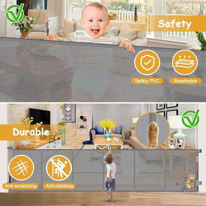 Reinforced 150” Extra Wide Pet Gate with Door 37 Inch Tall Retractable Dog Gates for Doorways Extra Wide Baby Gates for Large Openings with Reinforced Strips 12.5ft Large Dog Gate with Cat Door, White