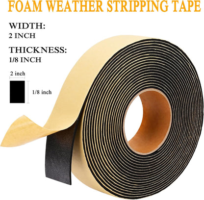 Weather Stripping Door Seal Strip 30 Feet, 2 Inch Wide X 1/8 Thick Black Foam Seal Tape Strong Adhesive for Doors and Windows Insulation, Soundproofing, Rattle