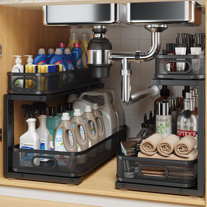 2 Pack Under Sink Organizer With Smooth Cylindrical Rail,2-Tier Pull Out Multi-Purpose Cabinet Storage for Bathroom&Kitchen,Height Adjustable,Rust-resistant Coating-White