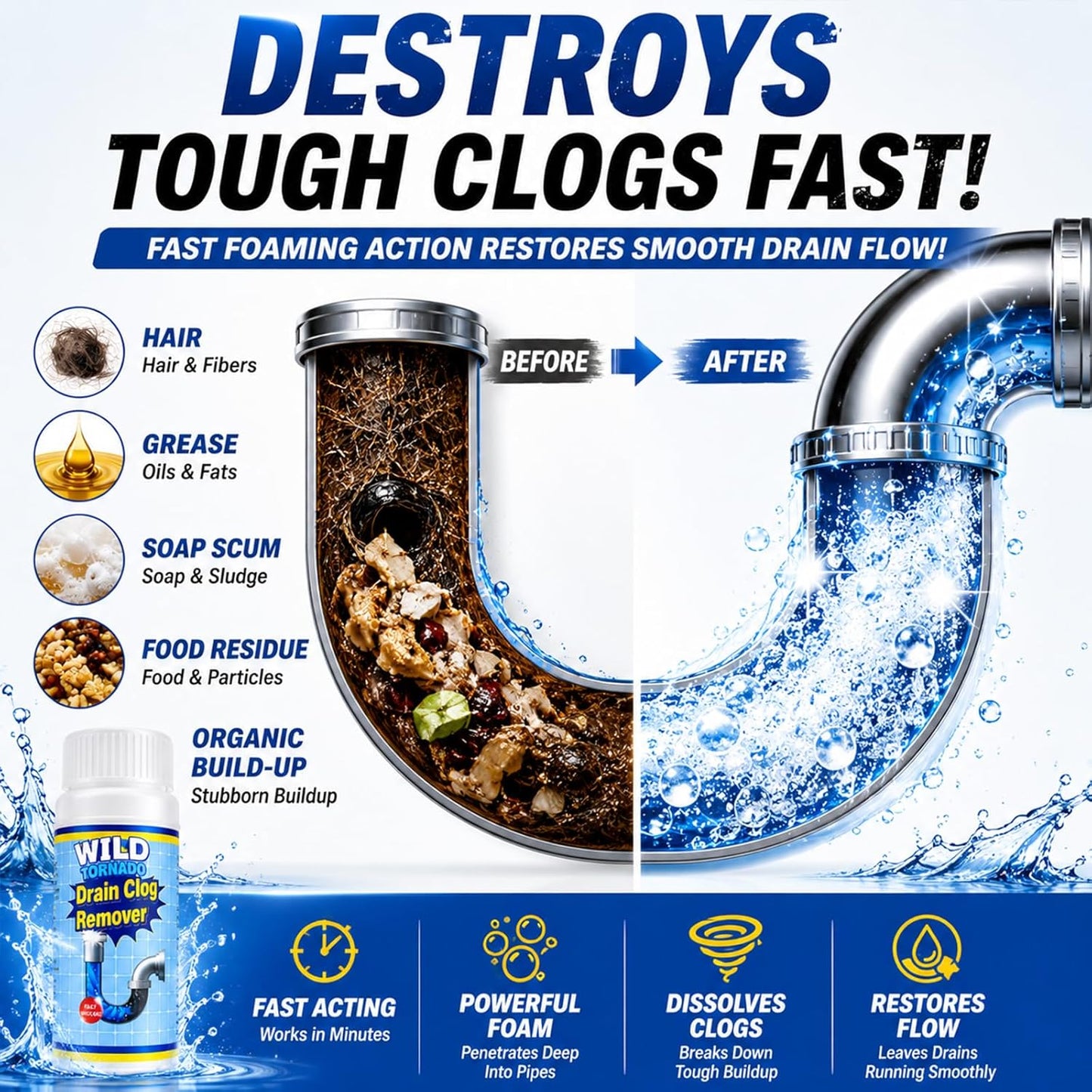 Drain Clog Remover Powder 4 Pack, Sink & Drain Cleaner Fast-Acting Foaming for Hair, Grease, Kitchen Sink & Toilet Clogs, Powerful Pipe Cleaning Solution for Showers & Drains, 480g