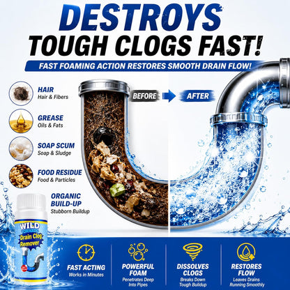 Drain Clog Remover Powder 4 Pack, Sink & Drain Cleaner Fast-Acting Foaming for Hair, Grease, Kitchen Sink & Toilet Clogs, Powerful Pipe Cleaning Solution for Showers & Drains, 480g