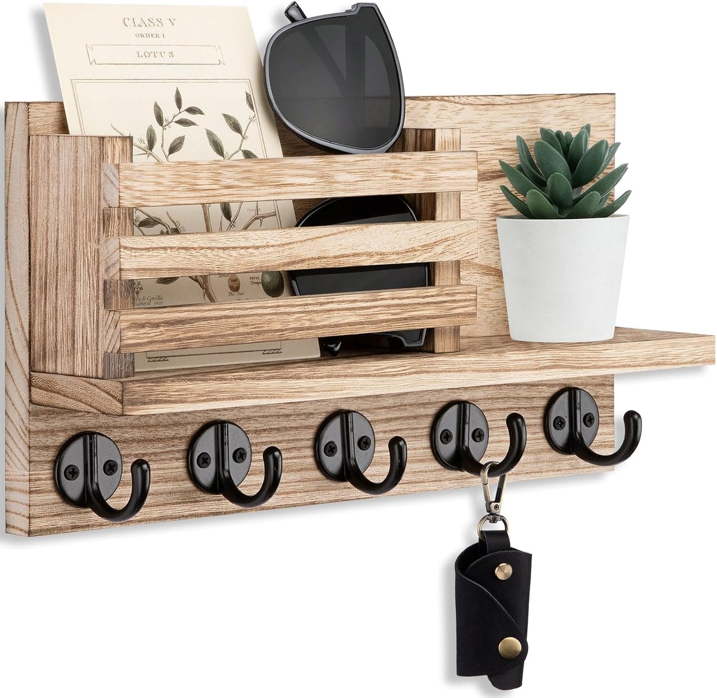Wall Key Hook, Mail Organizer with 5 Metal Key Hooks, Decorative Key Rack Wall Mount, Tung Wood, 11.8 x 6.7 inches, Includes mounting Hardware (Brown)