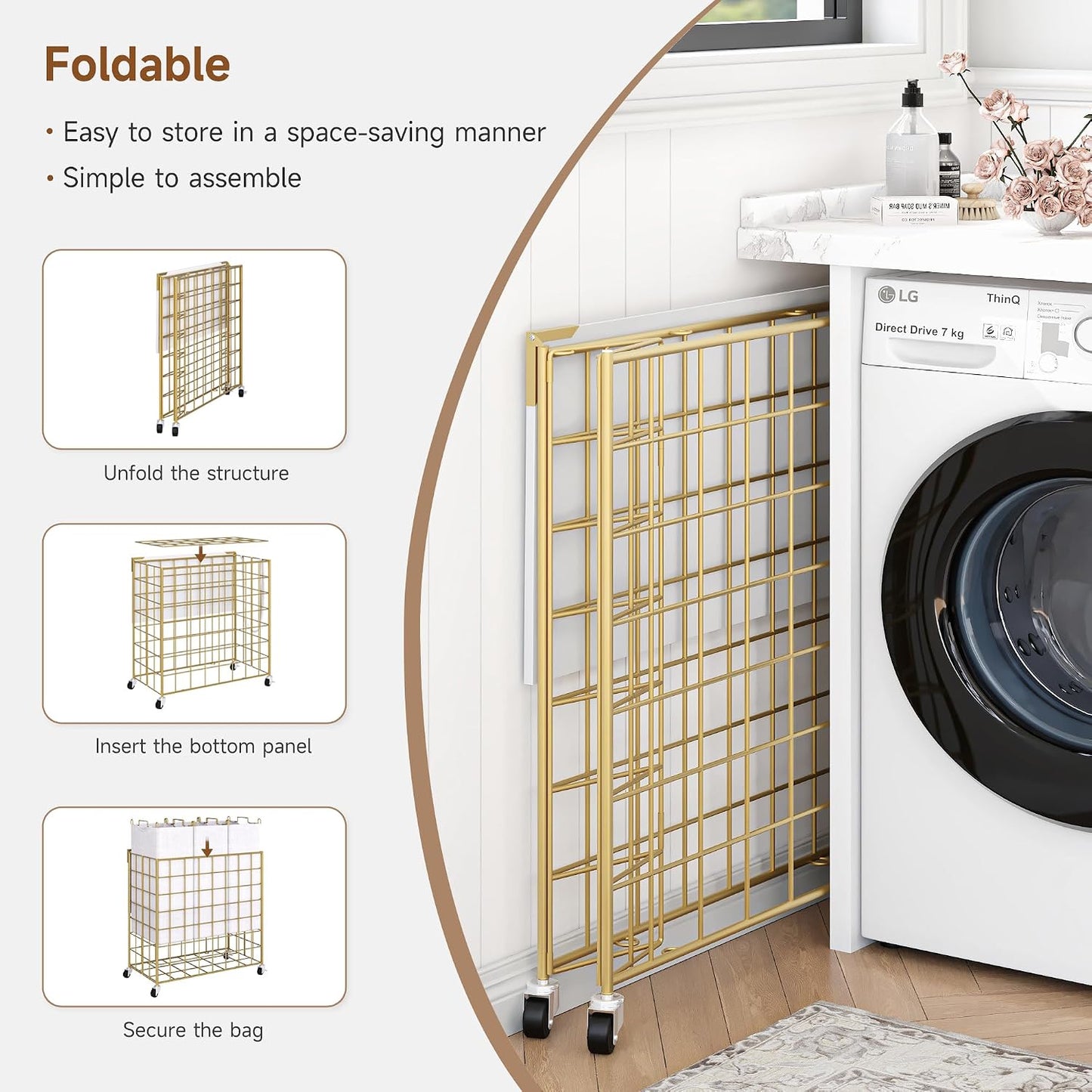 Laundry Basket with Wheels, Heavy Duty Laundry Sorter 2 Sections, 120L (32Gal.) Large Capacity Laundry Hamper with Wood Lid, 360 Rolling Wheels, Extra Side Pocket, Leather Pull Handle, Beige
