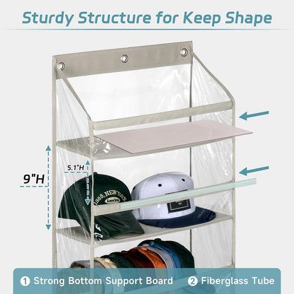 AOODA Clear Over the Door Hat Racks for Baseball Caps, Large Holds up to 72 Caps Hat Storage Organizer for Closet Wall, Deep Pockets Hanging Snapback Holder Shelves with 3 Hooks, White