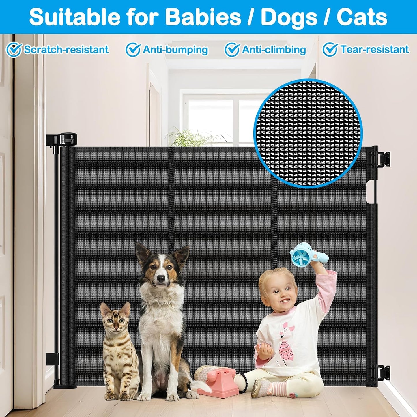 42 Inch Extra Tall Retractable Baby Gates with Reinforced Strips 55 Inch Wide Outdoor Retractable Dog Gate No Sag Extra Tall Baby Gate for Doorway Anti-Scratch Mesh Gates for Kids or Pets, White