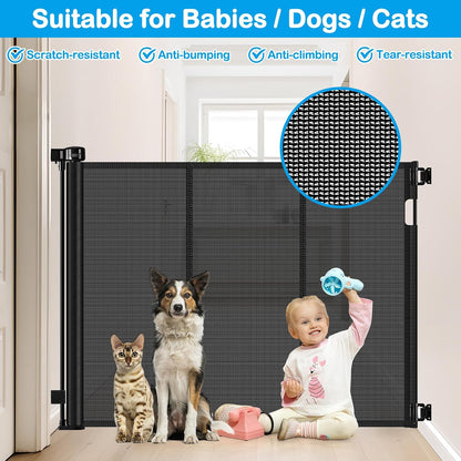 42 Inch Extra Tall Retractable Baby Gates with Reinforced Strips 55 Inch Wide Outdoor Retractable Dog Gate No Sag Extra Tall Baby Gate for Doorway Anti-Scratch Mesh Gates for Kids or Pets, White