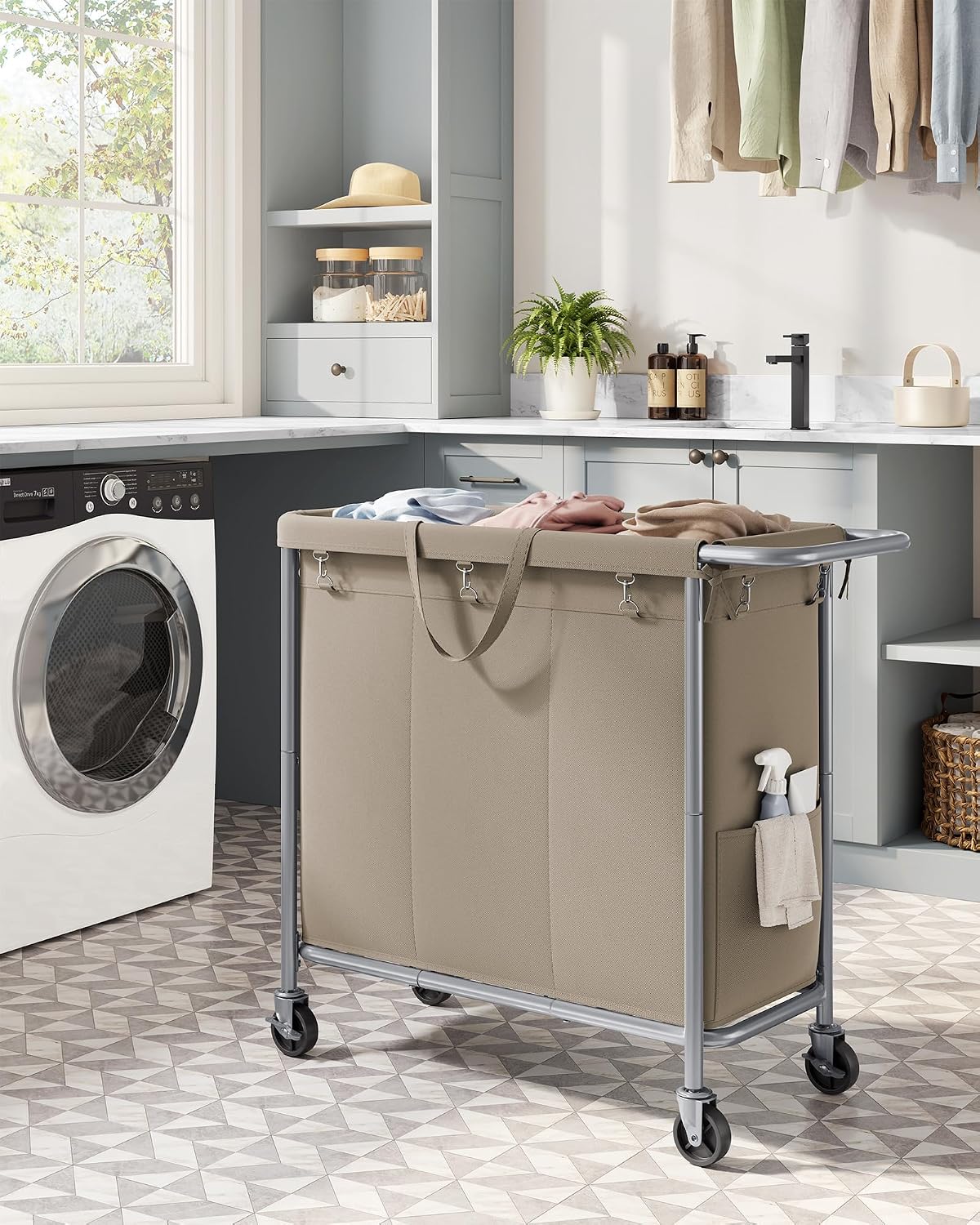 SONGMICS Laundry Basket with Wheels, 3-Section Rolling Laundry Hamper, 52.8 Gallons (200 L), Removable Liner, Steel Frame with Handle, 35.8 x 15.4 x 31.9 Inches, Cream White URLS005W01