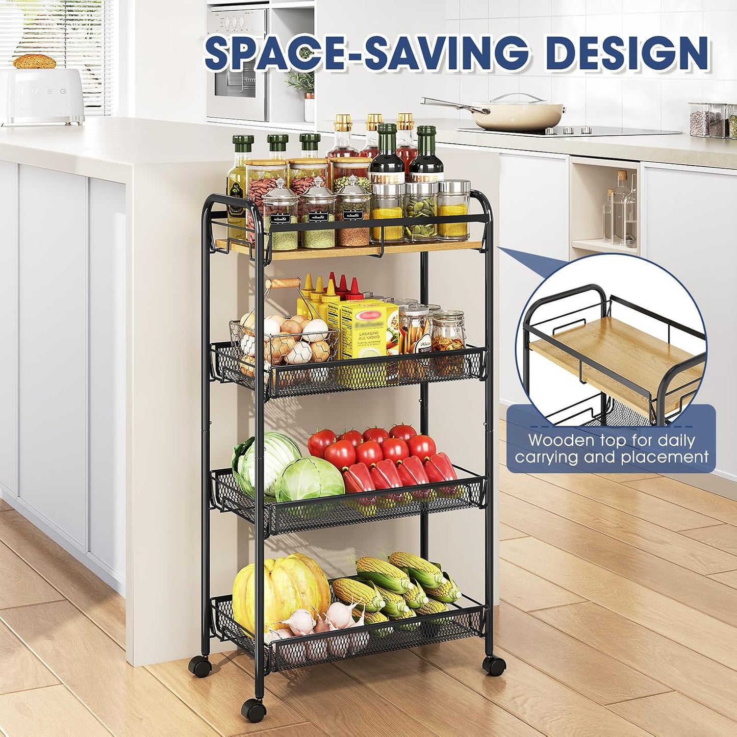 TOOLF 4-Tier Slim Rolling Cart, Metal Utility Cart, Slide Out Storage Cart with Wooden Tabletop and Mesh Baskets for Narrow Space on Kitchen Bathroom Laundry Room Bedroom Apartments Dormitory