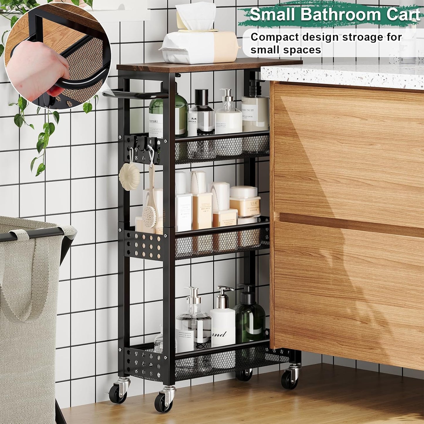 Utility Slim Storage Cart, 4-Tier Narrow Bathroom Organizers and Storage Cart, Narrow Metal Kitchen Laundry Room Organization Shelf with Wood Top, Slim Rolling Carts with Wheels for Small Space