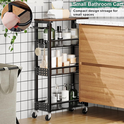 Utility Slim Storage Cart, 4-Tier Narrow Bathroom Organizers and Storage Cart, Narrow Metal Kitchen Laundry Room Organization Shelf with Wood Top, Slim Rolling Carts with Wheels for Small Space