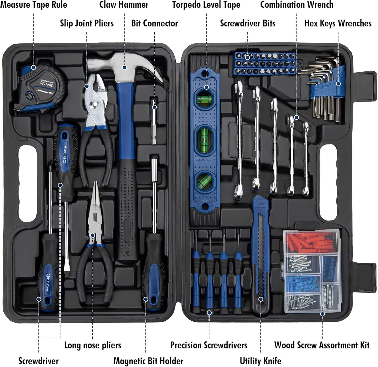CARTMAN 152-Piece Household Tool Set, Blue Hand Kit With Storage Case Box | Complete tool assortment for home repairs, office fixes, dorm needs, furniture setup, crafting, and everyday household fixes.