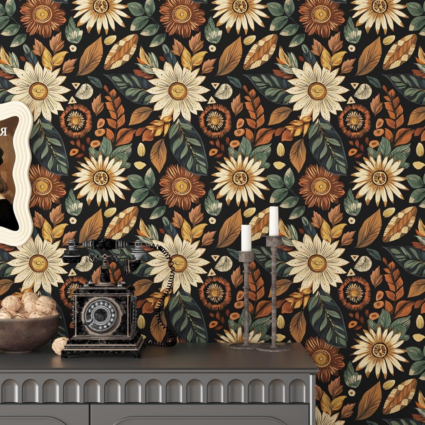 Blue Wallpaper Peel and Stick,Vintage Boho Floral Contact Paper 17.5" x 118", Retro Botanical Flower Wall Paper Self Adhesive Removable Waterproof for Walls Shelves Cabinet Table (Blue,Yellow, Green)