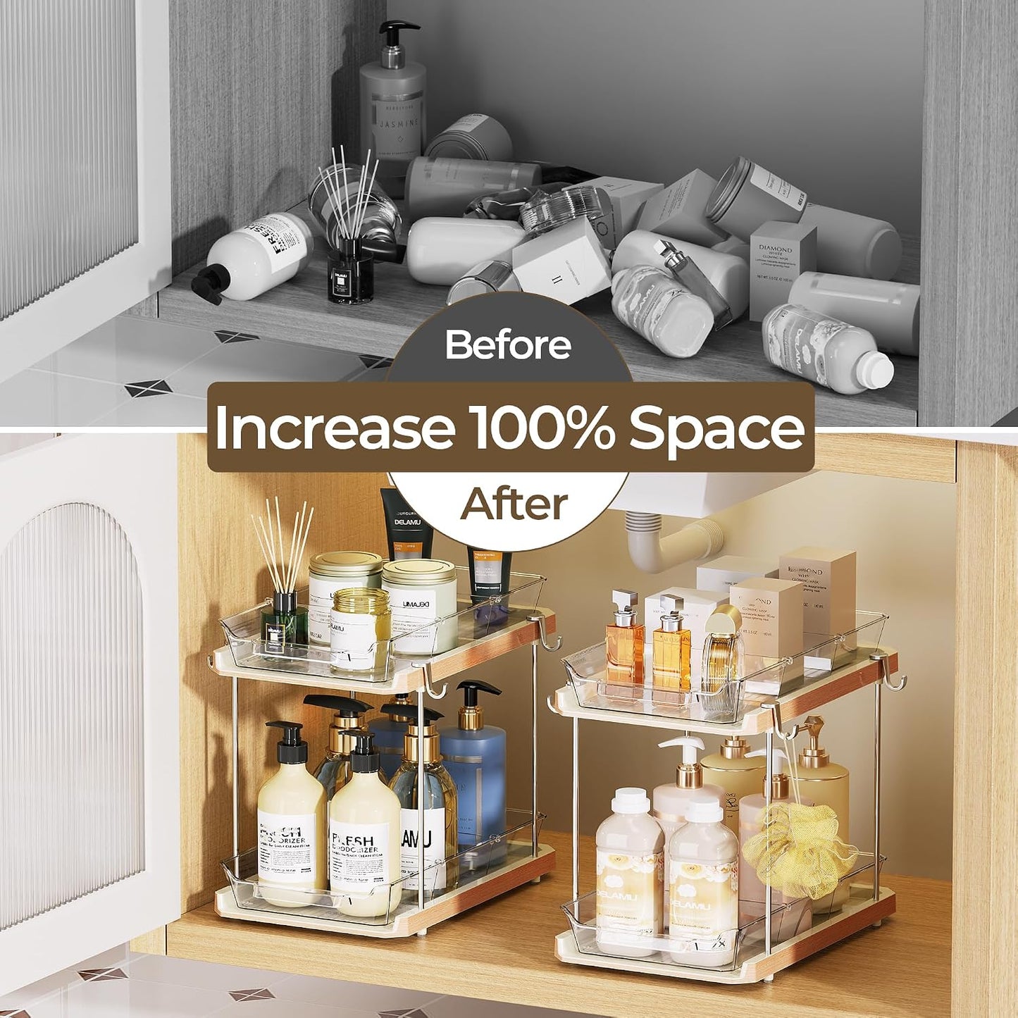Delamu 2 Tier Under Sink Organizer Bathroom, Bathroom Cabinet Organizer with Snap-Lock Design and Hooks, Pull Out Storage with Movable Dividers, for Countertop, Kitchen and Pantry (Clear, 2 Pack)