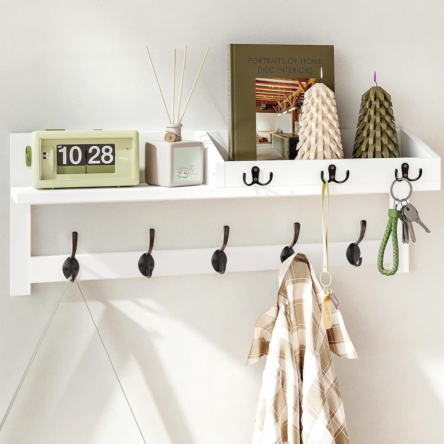 AMBIRD Wall Hooks with Shelf, 26.57 Inch Entryway Wood Coat Hooks for Wall with Shelf, Coat Rack Wall Mount with 5 Dual Hooks 3 Key Hooks Mail Organizer and Key Rack Holder (Brown)