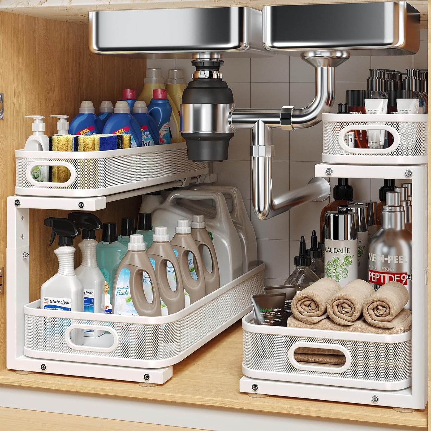 2 Pack Under Sink Organizer With Smooth Cylindrical Rail,2-Tier Pull Out Multi-Purpose Cabinet Storage for Bathroom&Kitchen,Height Adjustable,Rust-resistant Coating-White