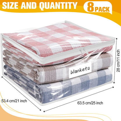 Plastic Storage Bags with Easy-Glide Zipper, Pack of 8, Durable Clear Vinyl Zippered Storage Bags for Clothes Sweaters Comforters Blankets Sheets Bedding (15.7 x 13.8 x 3.9 Inch, White)