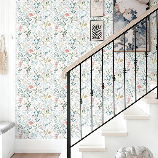 Froluya Floral Peel and Stick Wallpaper Boho Floral Contact Paper 16.9" x 118.1" Modern Wildflower Self Adhesive Wallpaper for Bathroom Flower Decorative Removable Wall Paper for Bedroom Cabinets