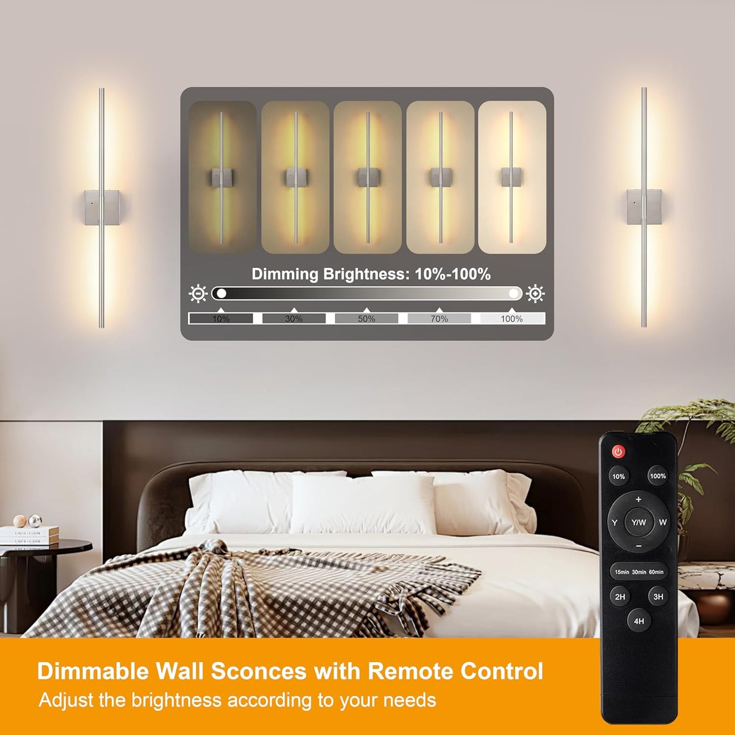 Morauroral Battery Operated Wall Sconces Set of 2, 10000mAh Rechargeable Sconces, 3000K-6000K Dimmable LED Wall Lamp with Remote, 24 Inch Black Gold Wireless Wall Lights for Bedroom, Living Room