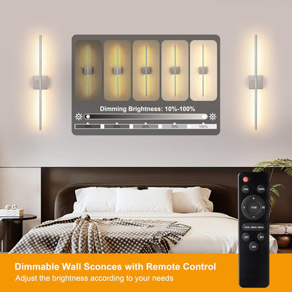 Morauroral Battery Operated Wall Sconces Set of 2, 10000mAh Rechargeable Sconces, 3000K-6000K Dimmable LED Wall Lamp with Remote, 24 Inch Black Gold Wireless Wall Lights for Bedroom, Living Room