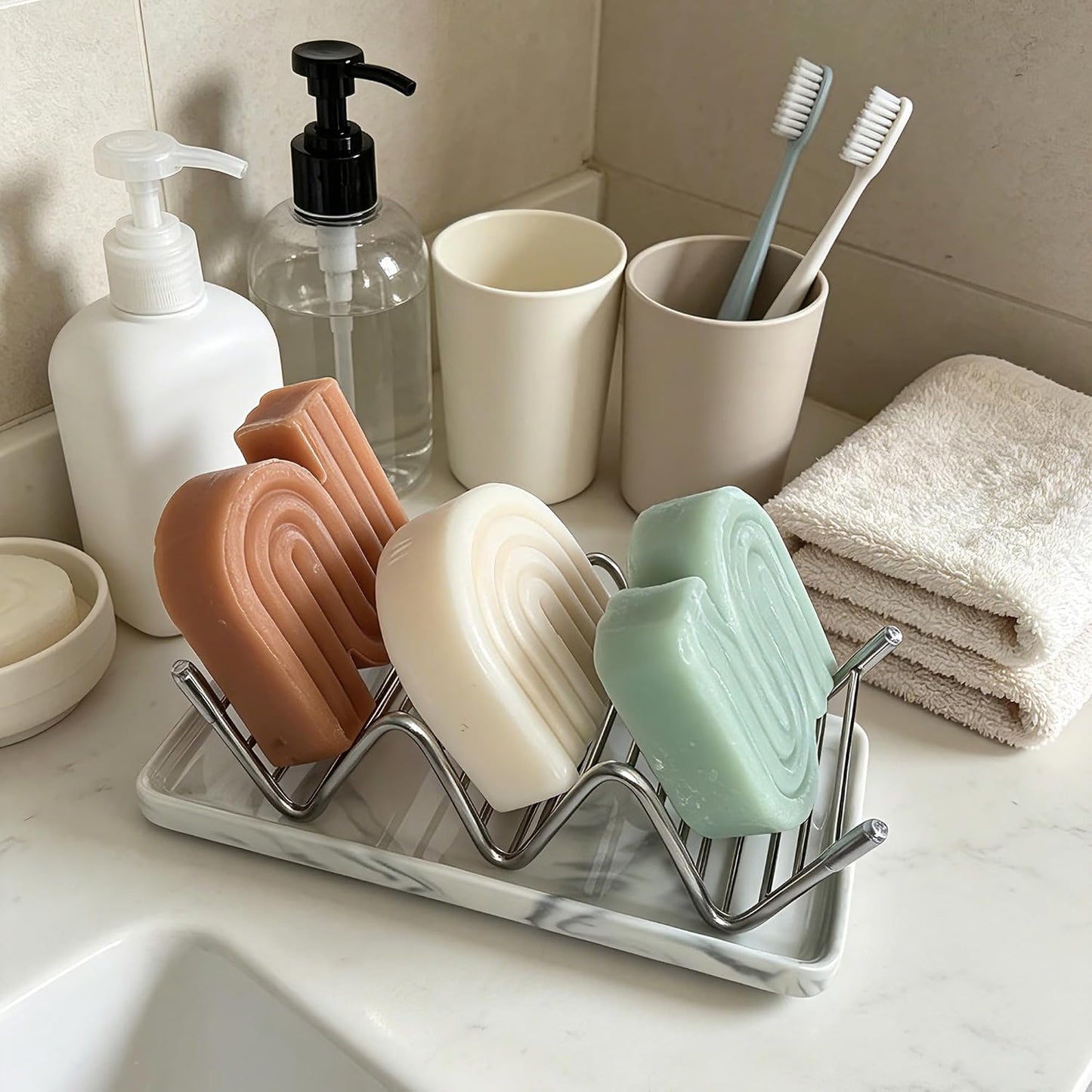 Soap Dish, Stainless Steel Self Draining Shower Bar Soap Holder with Ceramic Dish Tray, W Style Soap Saver for Bathroom, Sink, Kitchen and Countertop(Gray Texture)