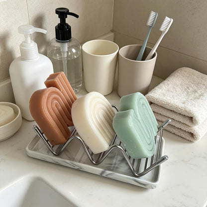 Soap Dish, Stainless Steel Self Draining Shower Bar Soap Holder with Ceramic Dish Tray, W Style Soap Saver for Bathroom, Sink, Kitchen and Countertop(Gray Texture)