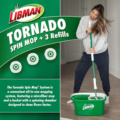 Libman Tornado Spin Mop System and 1 Refill, Mop and Bucket with Wringer Set for Hardwood Floor Cleaning, 2 Total Heads Included
