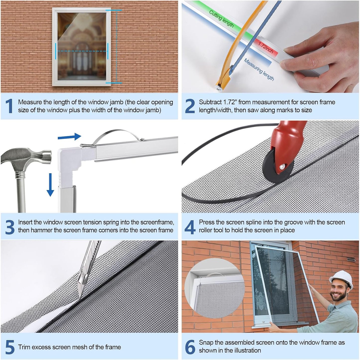 Window Screen Frame Kit 48inX48in Fiberglass Window Screen Replacement Kit Includes Full Set of Tools Suitable for Windows，Framed Mesh Replacement Window Screens, Home, Patio