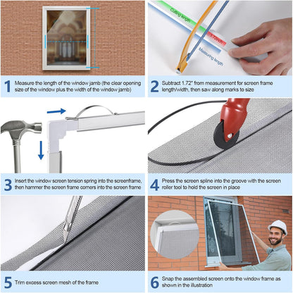 Window Screen Frame Kit 48inX48in Fiberglass Window Screen Replacement Kit Includes Full Set of Tools Suitable for Windows，Framed Mesh Replacement Window Screens, Home, Patio