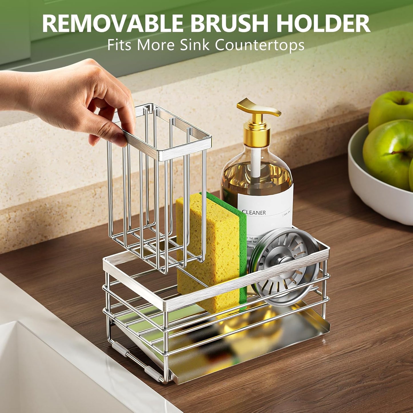 Cisily Sink Caddy Sponge Holder for Kitchen with Brush Holder and Stainless Steel Self Drain Tray, Rustproof Kitchen Sink Organizer for Sponge, Soap Dispenser Storage Accessories (Black)