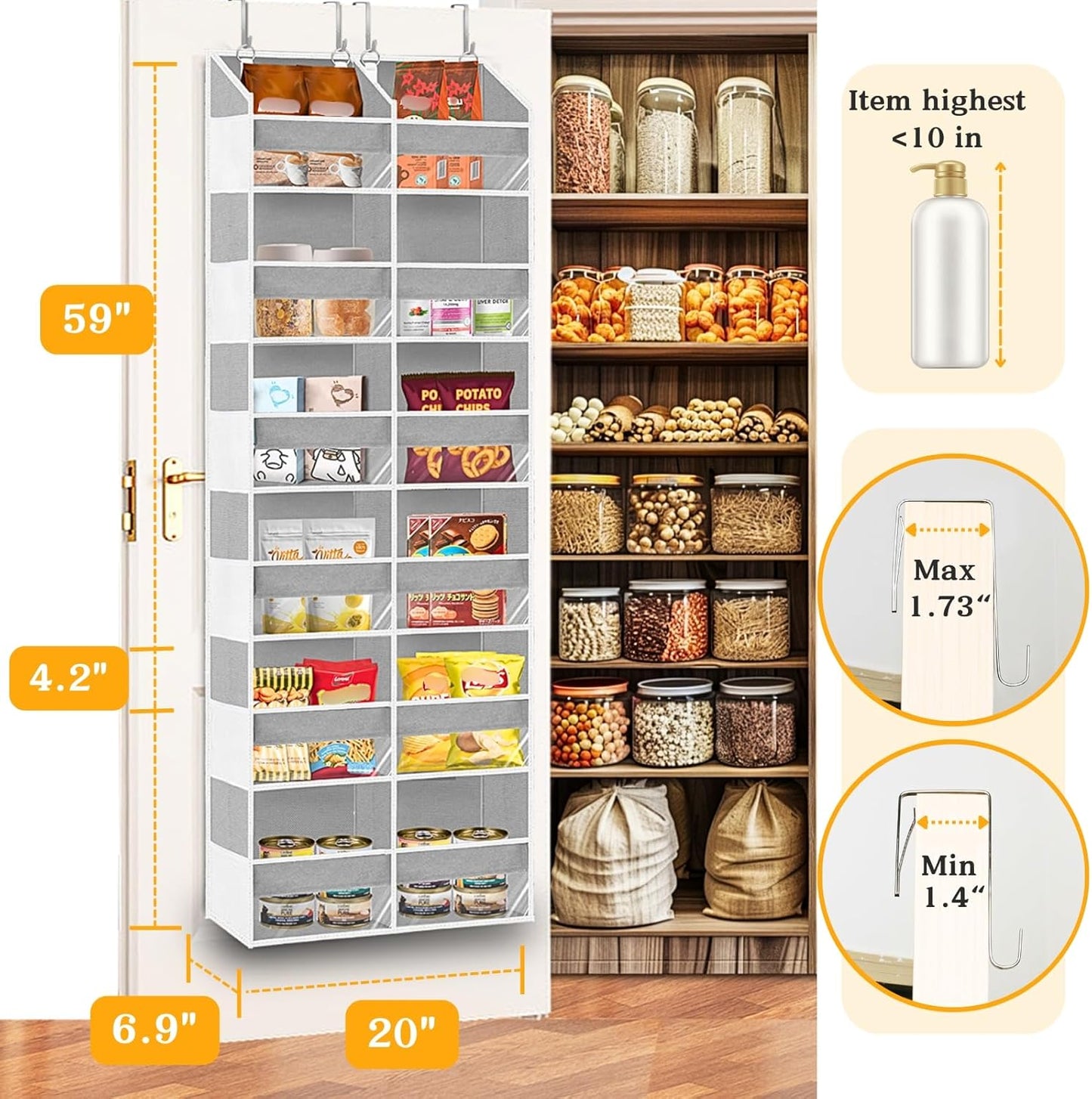 Over The Door Organizer, 5-Tier Extra Large Behind Door Storage with 10 Big Front & 10 Mesh Pockets, 80lb Capacity, Hanging Storage Organizer with Clear Window Kids Toys, Shoes, Diapers, Light Grey