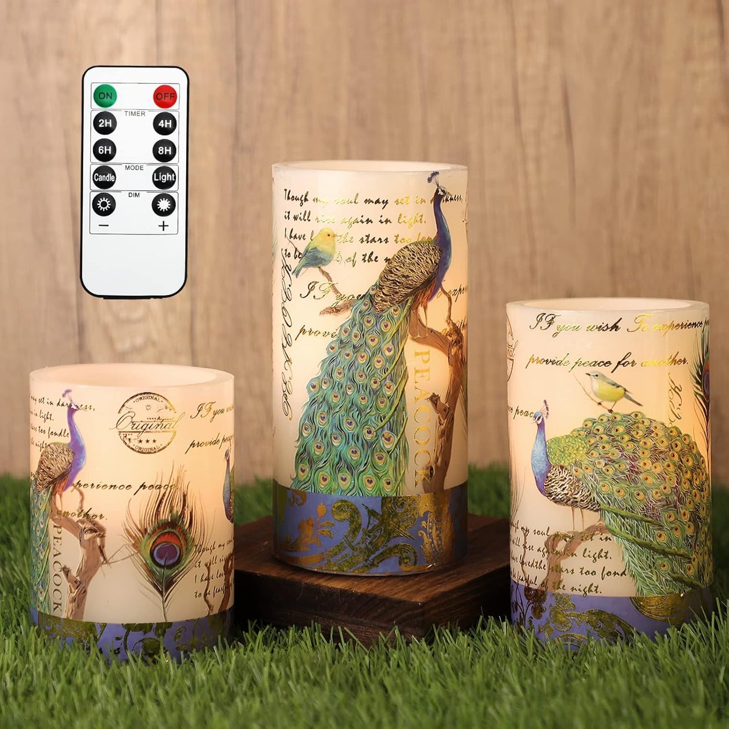 Glass Flameless Candles Flickering Battery Operated LED Pillar Candles Set of 3 with Timer and and 10-Key Remote Green Branch Floral Spring Summer Theme for Wedding Festival Home Decoration