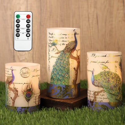 Glass Flameless Candles Flickering Battery Operated LED Pillar Candles Set of 3 with Timer and and 10-Key Remote Green Branch Floral Spring Summer Theme for Wedding Festival Home Decoration