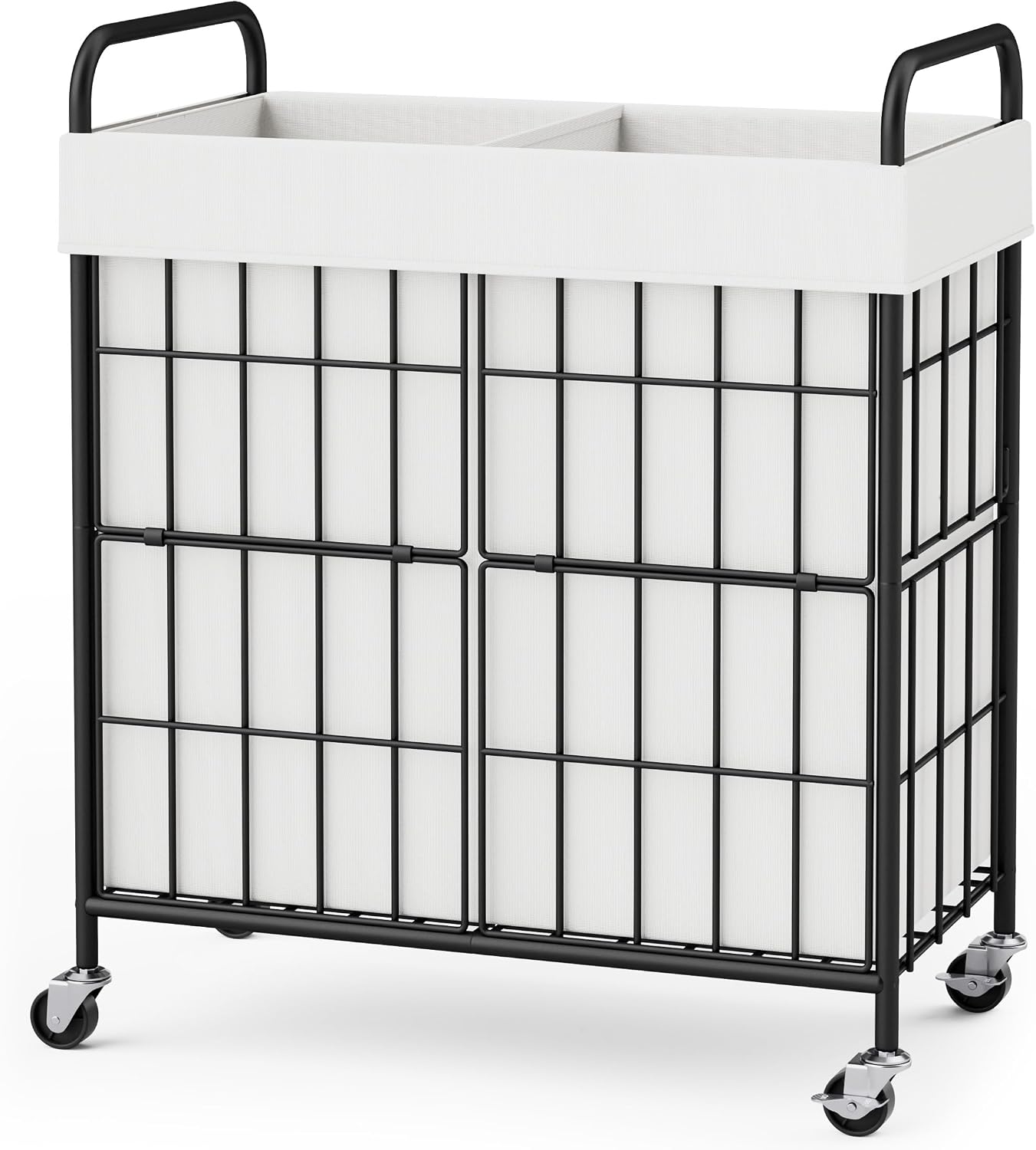 2 Section Laundry Hamper with Wheels and Brake, 100L Laundry Sorter Cart with 2 Removable Liner Bags, Metal Handle, Rolling Laundry Basket for Bedroom Laundry Room