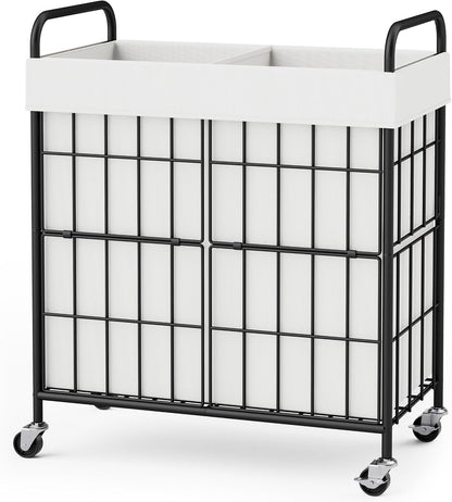 2 Section Laundry Hamper with Wheels and Brake, 100L Laundry Sorter Cart with 2 Removable Liner Bags, Metal Handle, Rolling Laundry Basket for Bedroom Laundry Room
