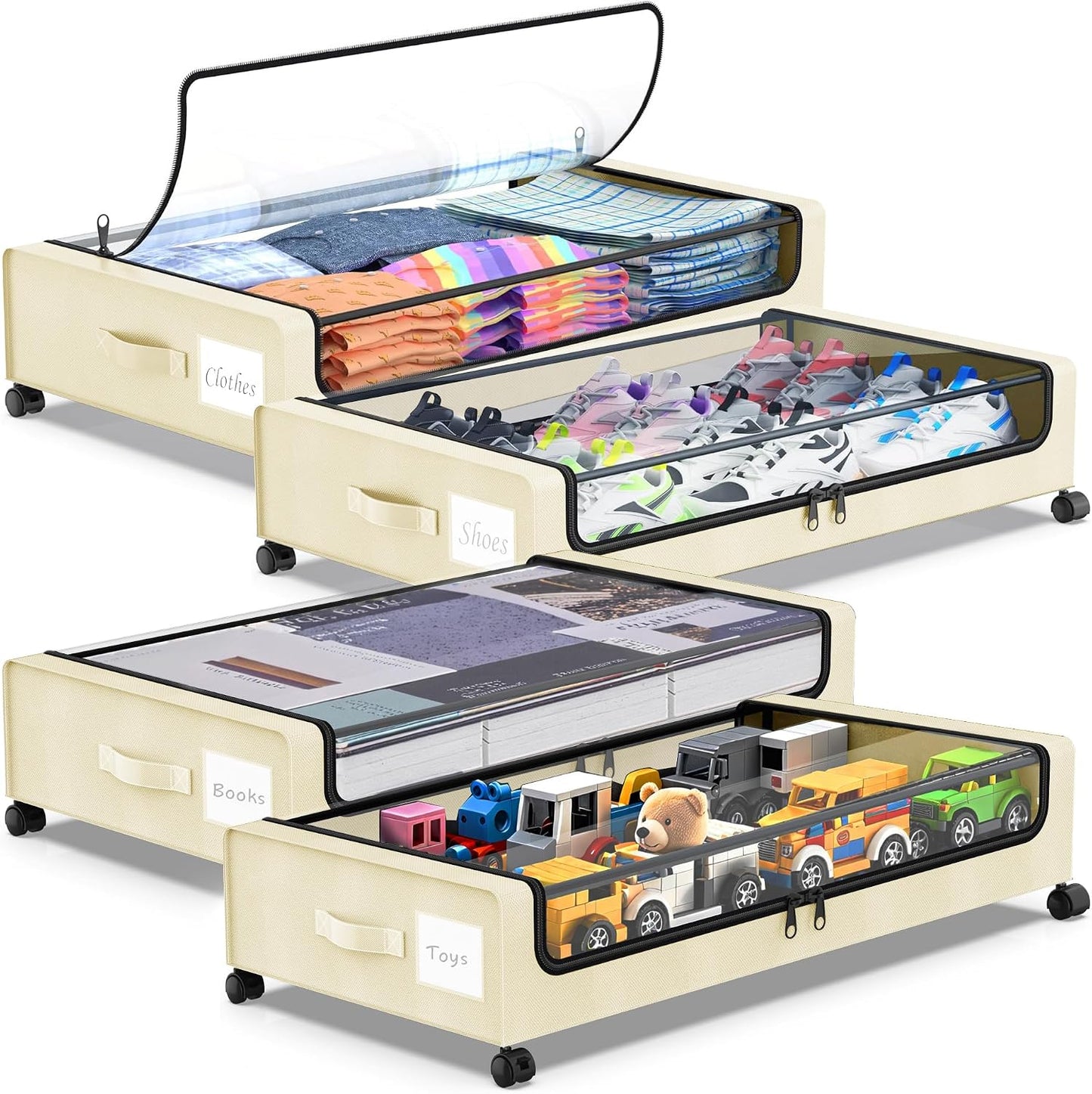 Molutsody Under Bed Storage with Wheels, 2-Pack Underbed Storage Containers with Clear Lids, Under Bed Shoe Storage Organizer, Rolling Under the Bed Storage Bins for Clothes Shoes Blankets (Black)
