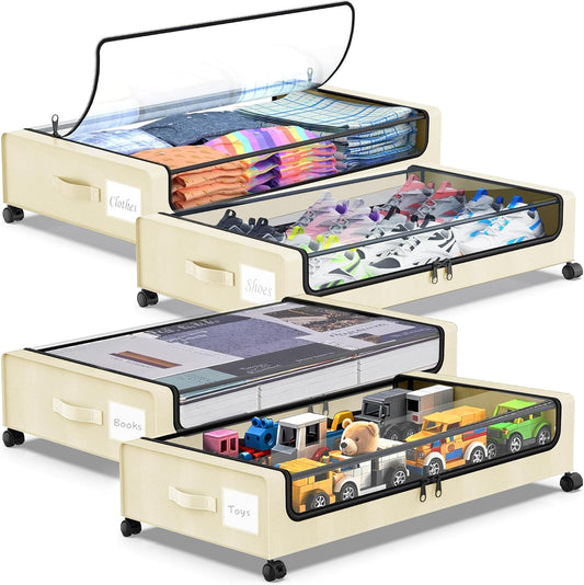 Molutsody Under Bed Storage with Wheels, 2-Pack Underbed Storage Containers with Clear Lids, Under Bed Shoe Storage Organizer, Rolling Under the Bed Storage Bins for Clothes Shoes Blankets (Black)