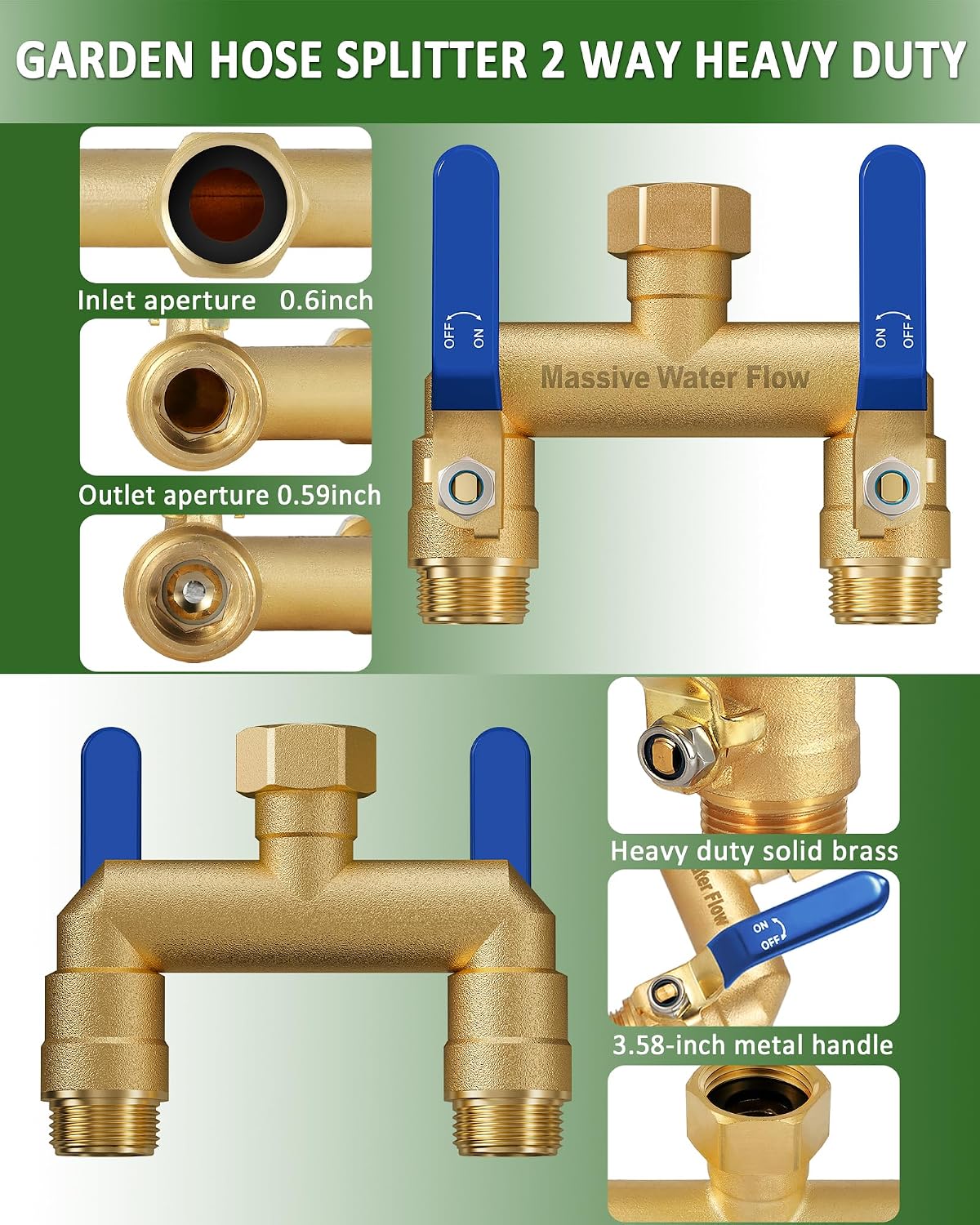 Hose Splitter 2 Way Heavy Duty, Full Flow Garden Hose Splitter with 2 Long Metal Handles, Brass Rust and Freeze Resistant Water Hose Bib Splitter, T Adapter Connector with 3/4 - Inch GHT Thread（Red）