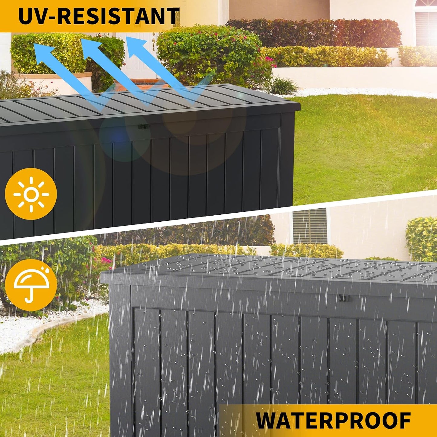 200 Gallon Resin Deck Box, Waterproof Outdoor Storage Bin for Patio Furniture, Pool Accessories, and Garden Tools, Lockable & UV-Resistant, Grey