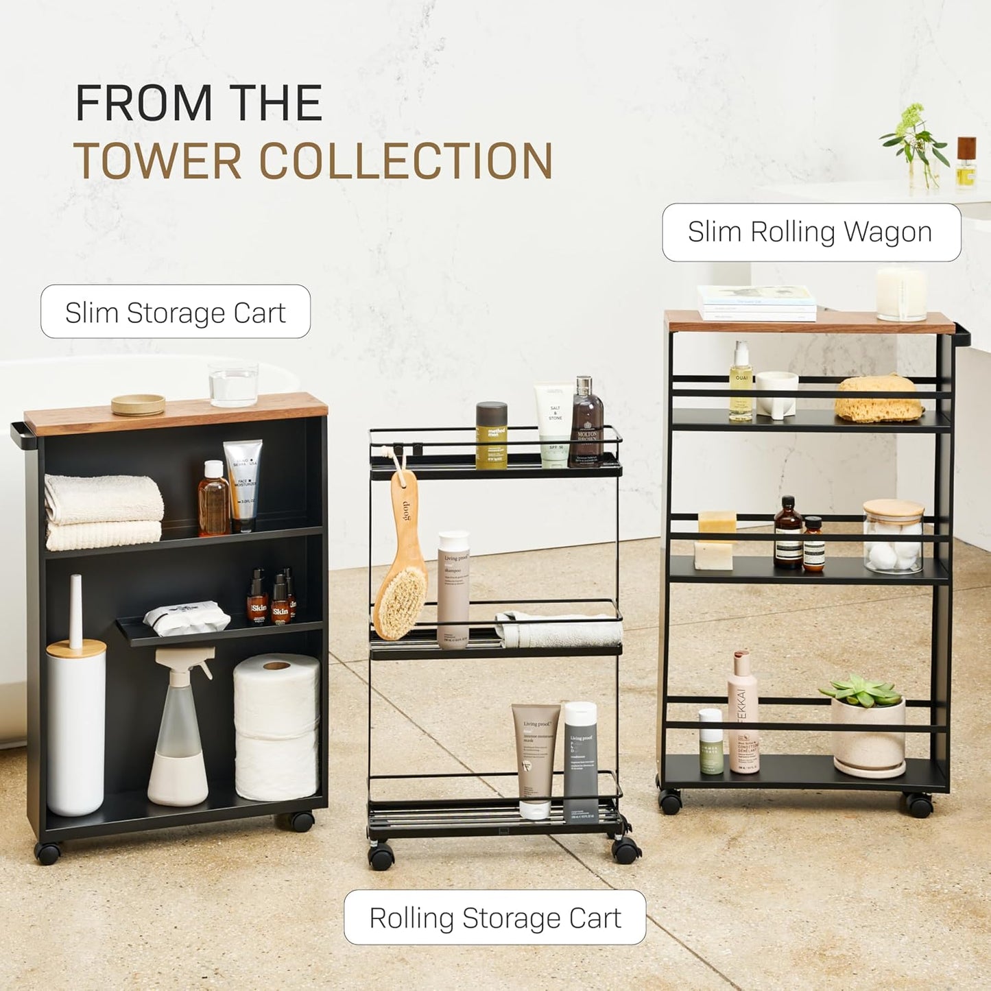 Yamazaki Home Slim Rolling Storage Cart – Narrow Bathroom Storage Cabinet With Handle, Slim Bathroom Storage Cart With Wheels, Easy Assembly, Steel + Wood, White, 27" - Steel -