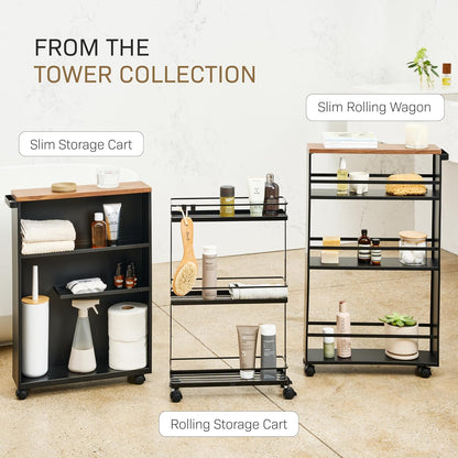 Yamazaki Home Slim Rolling Storage Cart – Narrow Bathroom Storage Cabinet With Handle, Slim Bathroom Storage Cart With Wheels, Easy Assembly, Steel + Wood, White, 27" - Steel -