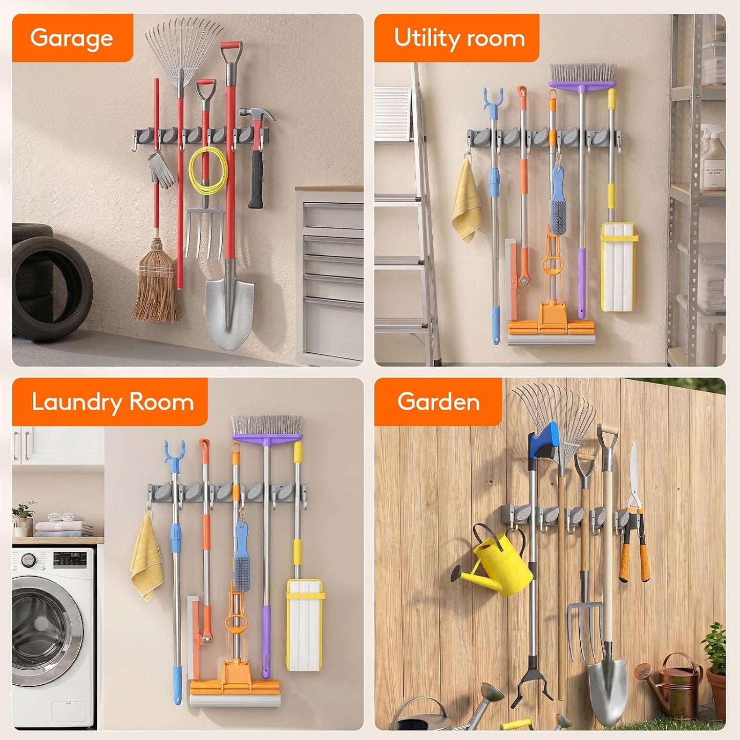 Lifewit Broom and Mop Holder Wall Mount, Non-Slip Cleaning Tool Hanger Organizer with 6 Hooks 5 Slots, Heavy Duty Hanging Broom Utility Rack for Kitchen, Garden, Garage, Laundry, 1 Pack, Black