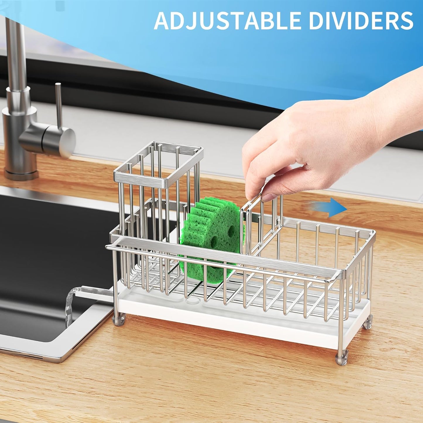 Cisily Sponge Holder for Kitchen Sink, Sink Caddy Organizer with High Brush Holder, Kitchen Countertop Organizers and Storage Essentials, Rustproof 304 Stainless Steel (Black, 9.25″)