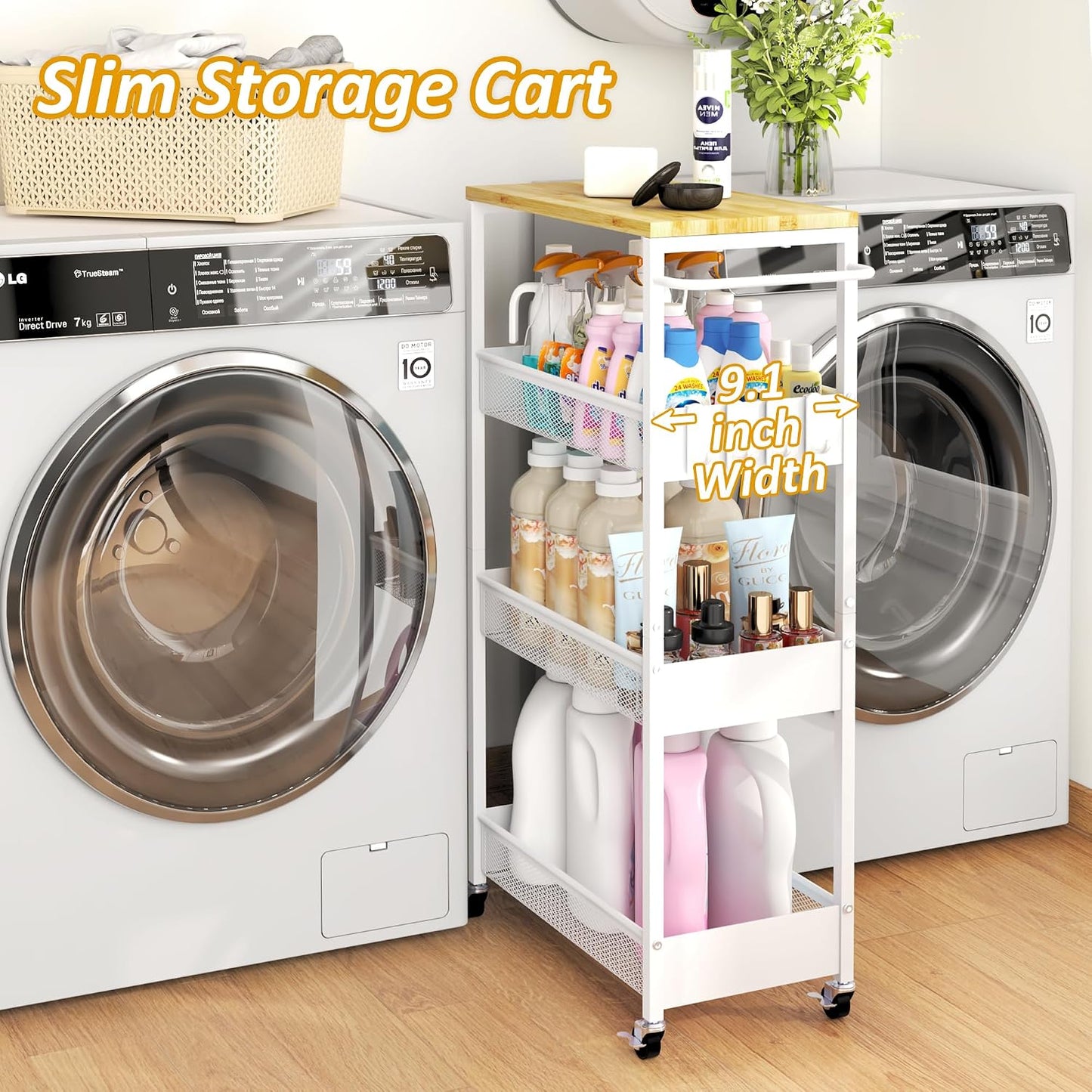 Vincona 7.1" Wide Slim Storage Cart on Wheels, 4 Tier Metal Narrow Rolling Cart with Handle and Wood Top, Multifunctional Small Mobile Shelf Unit Organizer Trolley for Laundry, Bathroom, Kitchen