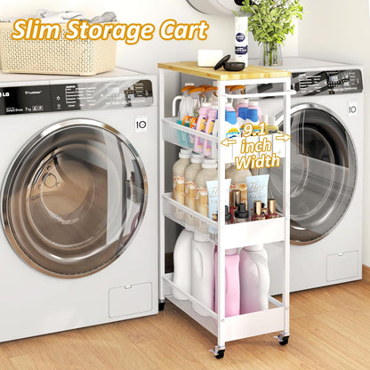 Vincona 7.1" Wide Slim Storage Cart on Wheels, 4 Tier Metal Narrow Rolling Cart with Handle and Wood Top, Multifunctional Small Mobile Shelf Unit Organizer Trolley for Laundry, Bathroom, Kitchen