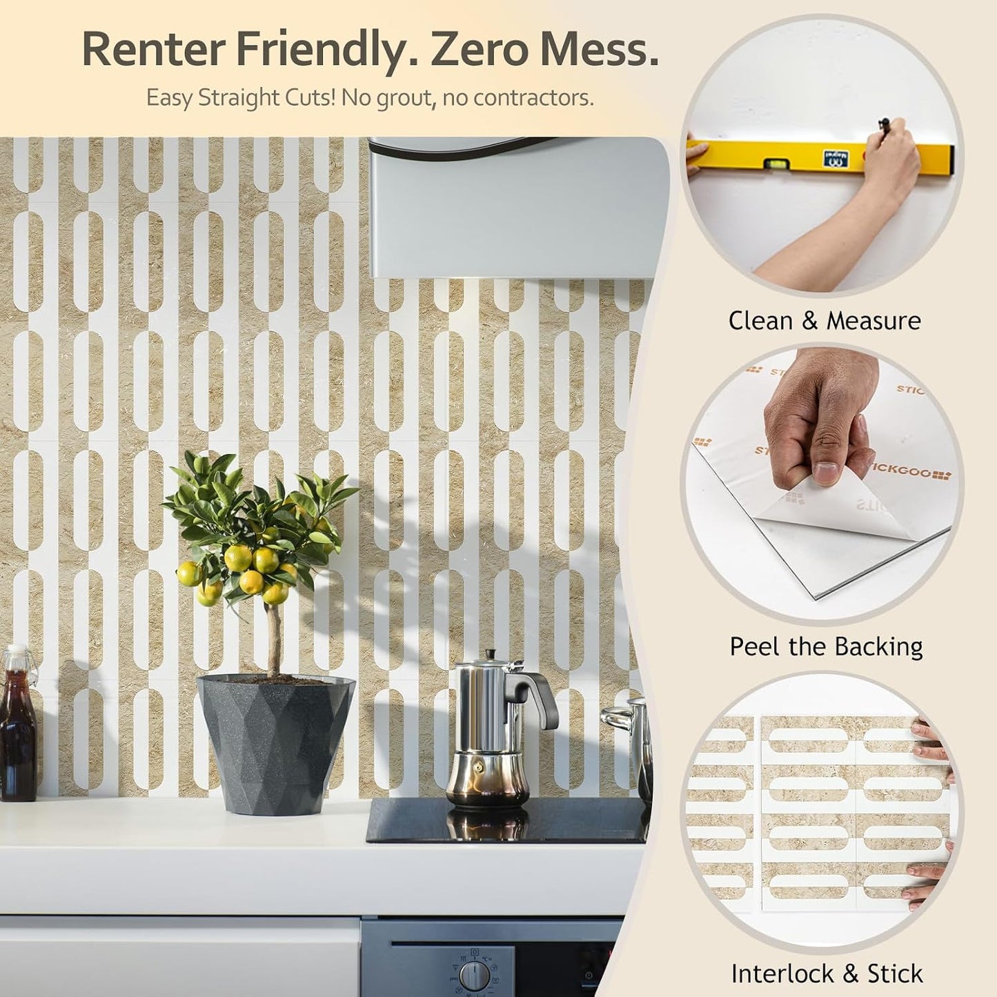 STICKGOO Peel and Stick Backsplash Tiles 12"x12", Waterproof Stick on Kitchen & Bathroom Backsplash, PVC Self Adhesive Wall Tiles for Fireplace, White/Marble Black (10 Sheets)
