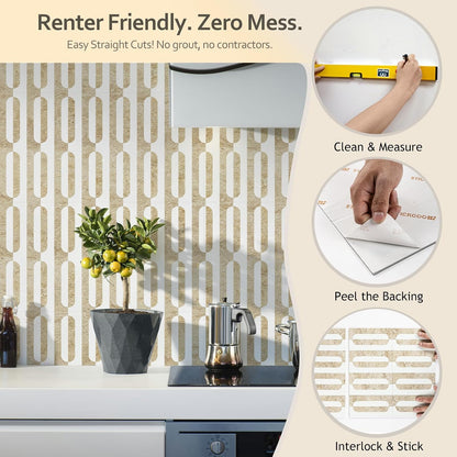 STICKGOO Peel and Stick Backsplash Tiles 12"x12", Waterproof Stick on Kitchen & Bathroom Backsplash, PVC Self Adhesive Wall Tiles for Fireplace, White/Marble Black (10 Sheets)