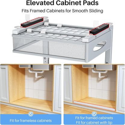 Under Sink Organizer, 2 Pack 2 Tier Pull Out Under Cabinet Organizer Shelf with Pad for Framed Cabinets, Metal Slide Out Under Sink Storage, Mesh Sliding Drawers for Kitchen Bathroom Laundry, Black